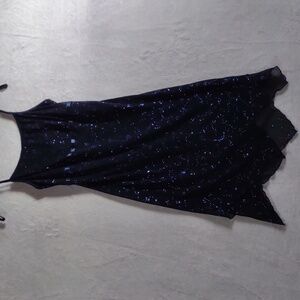 Elegant Asymmetrical Black Dress With Sheer Overlay, Blue Sparkling Vines Y2K